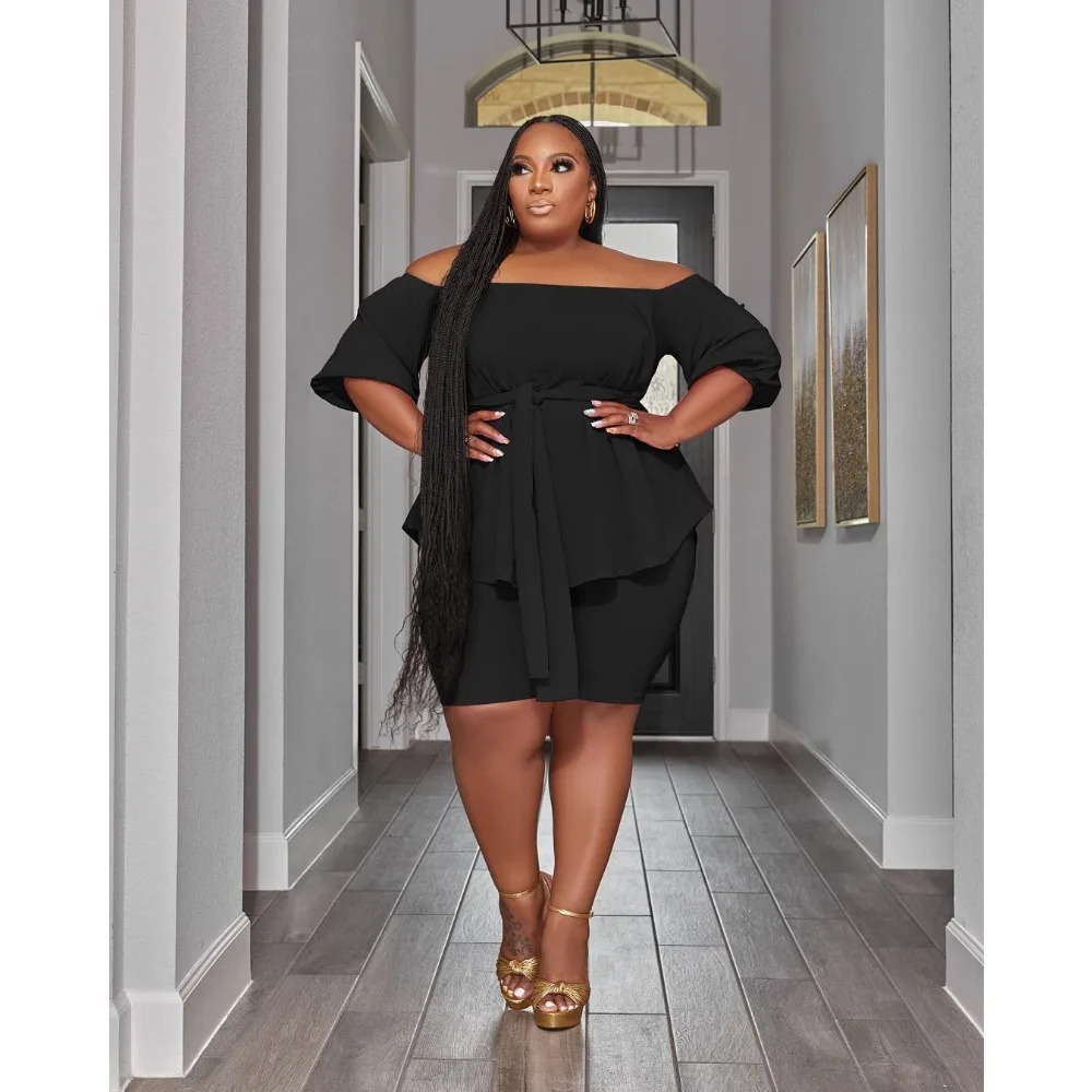 Plus Size Two Piece Outfit In Matching Shorts Sets Loose Top with Bandage Summer Wholesale Drop 2024 250109