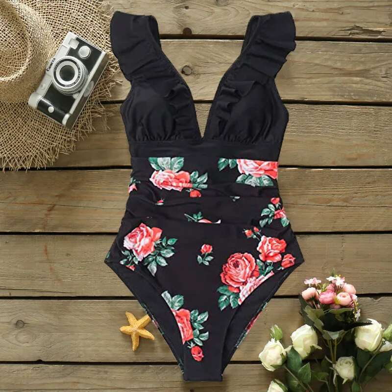SPORLIKE Heart Attack Falbala One-Piece Swimsuit Women Ruffle V-Neck Monokini 2024 New Girls Beach Bathing Suit Swimwear S-2Xl