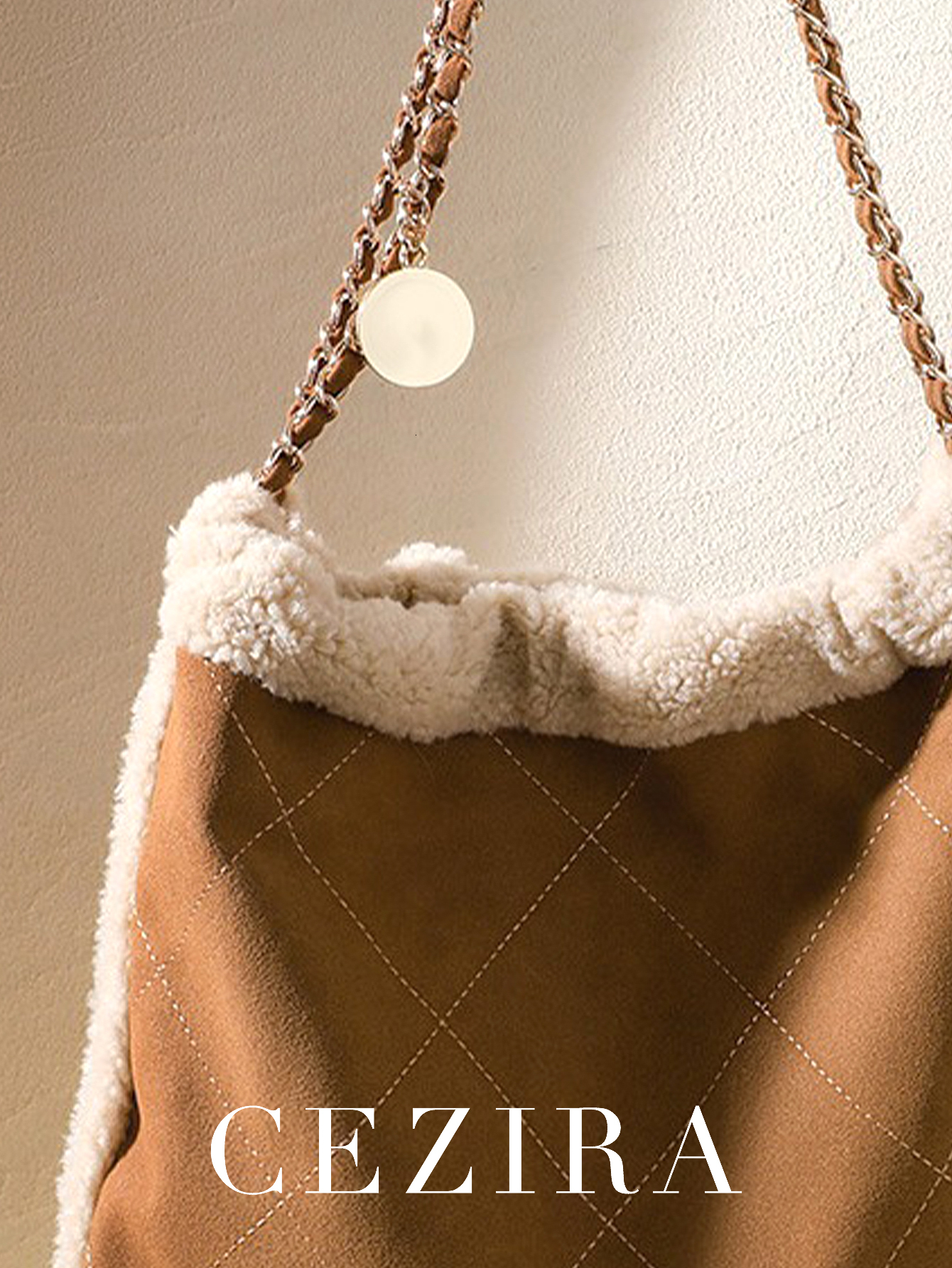 Winter Women's Fashion Large Casual Shoulder Bag Faux Plush Quilted Argyle Thread Chain Strap Handbag Commuting Travel