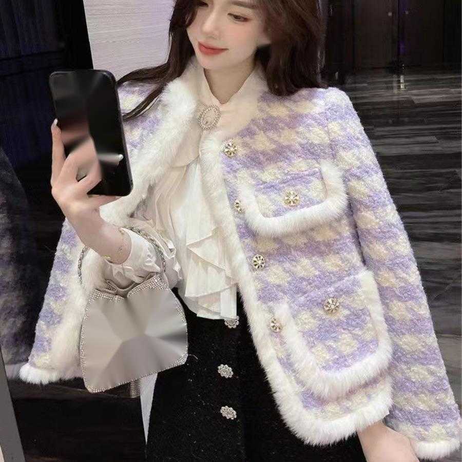 Imitation Mink Fur Small Fragrant Style Coat for Women Autumn Winter Thousand Bird Grid Violet Socialite Thick Padded Cotton Jacket Women Jackets Coat