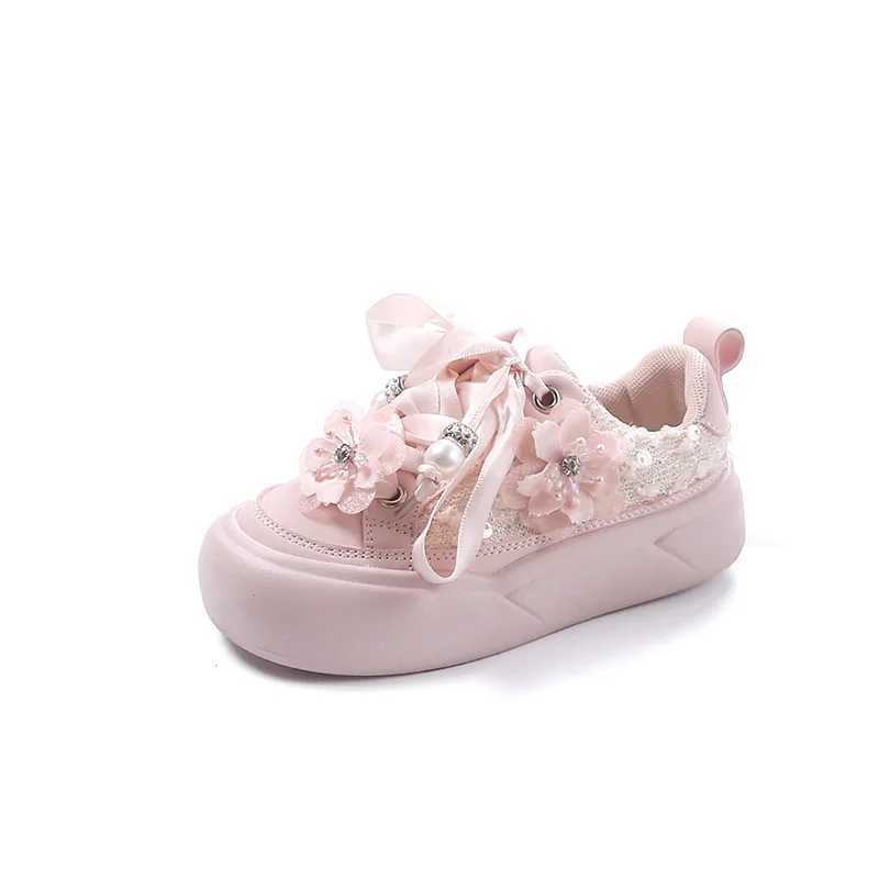 Girl Casual Shoes Chinese Sle Kids Princess Shoe with Sweet Flowers 2024 Autumn New Girls Sports Shoes with Cute Ribbon BowXJ250118