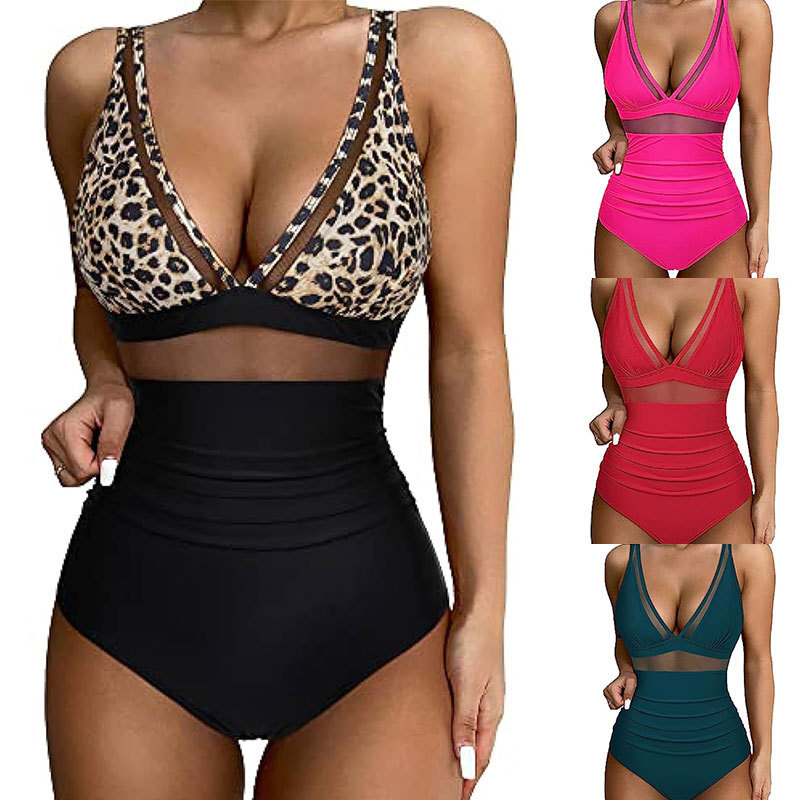 Mesh patchwork jumpsuit sexy tight fitting high waisted swimsuit backless bikini