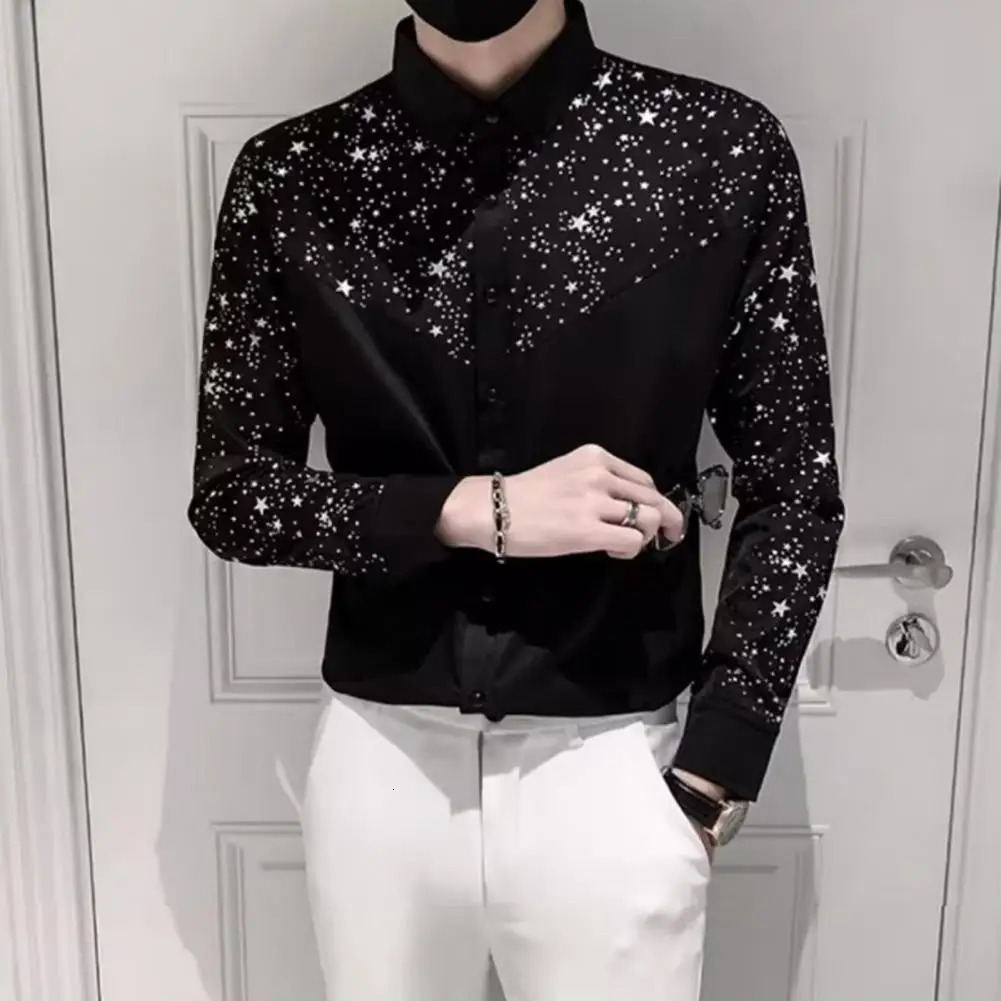 Ultra thin fit shirt with glitter star patch work cardigan for men ultra-thin fit long sleeved shirt with a soft and breathable collar at the hem 2501