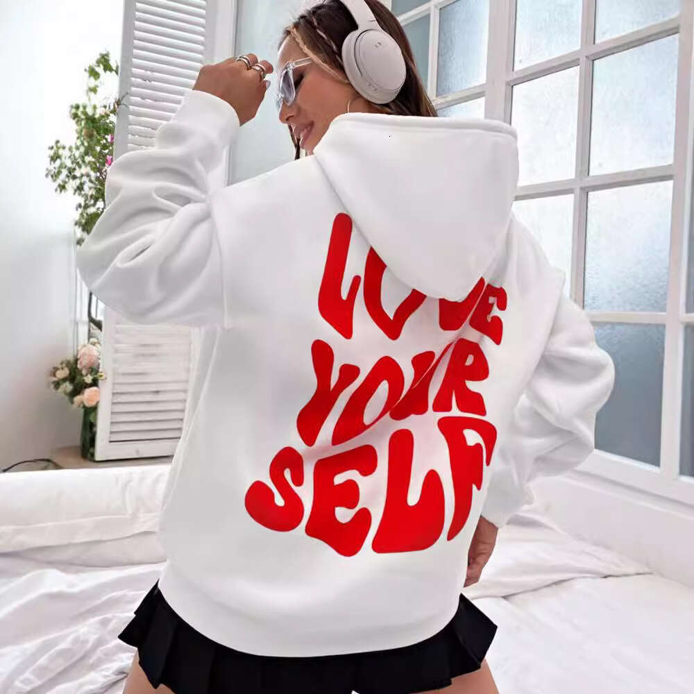Women's fleece new back letter print hoodie with off shoulder sleeve thread