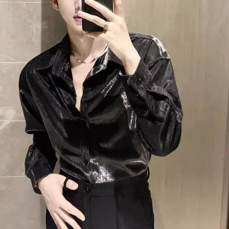 Mens Square Collar Open Collar Button Solid Color Shirt Spring and Autumn Style Exquisite Glitter Long Sleeve Loose Fashion Casual Top 250110