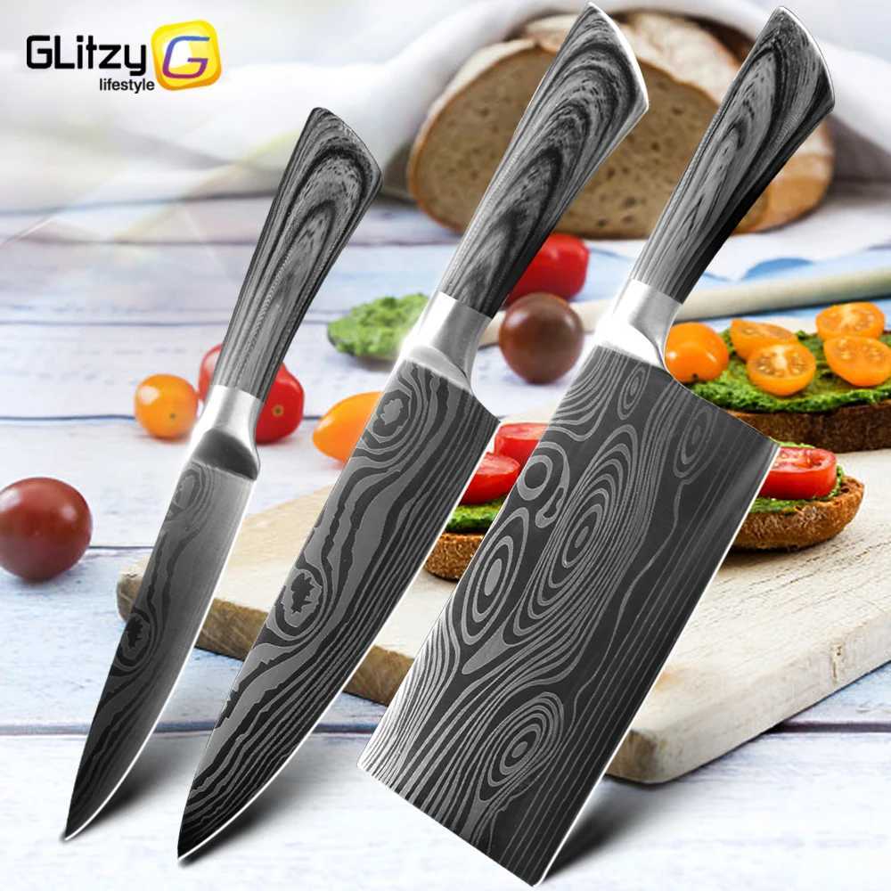 Kitchen Knife Damascus Laser Chef Knife 5 7 8 Inch Meat Cleaver Japanese Santoku Knive Butcher Slicing Cutter for Fish VegetableXJ250117