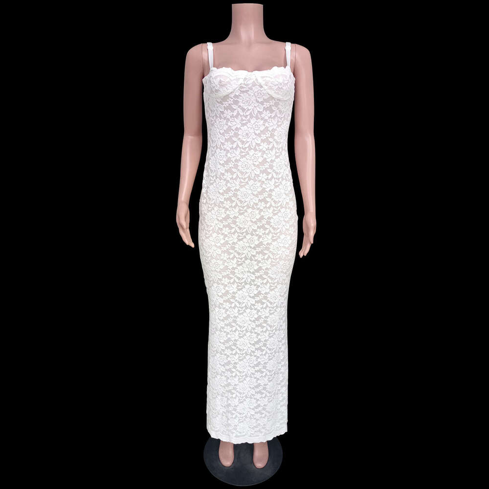 European and American Summer Women's One Piece Collar Sexy Perspective Lace Slimming Dress 2025 New Casual Versatile Fashion Clothing