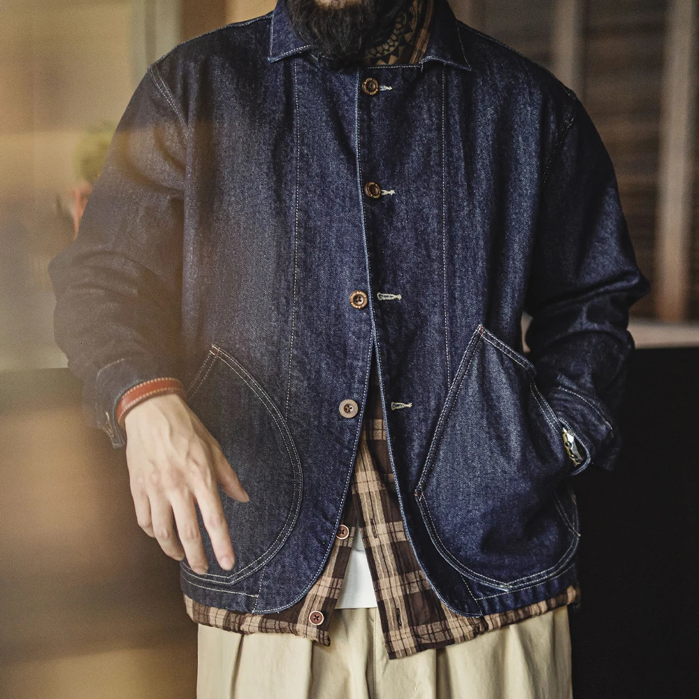 Maden Retro Washed Denim Cowboy Jacket Lapel Collar Singlerow Buttons Pockets Versatile Outerwear for Spring and Fall 250110