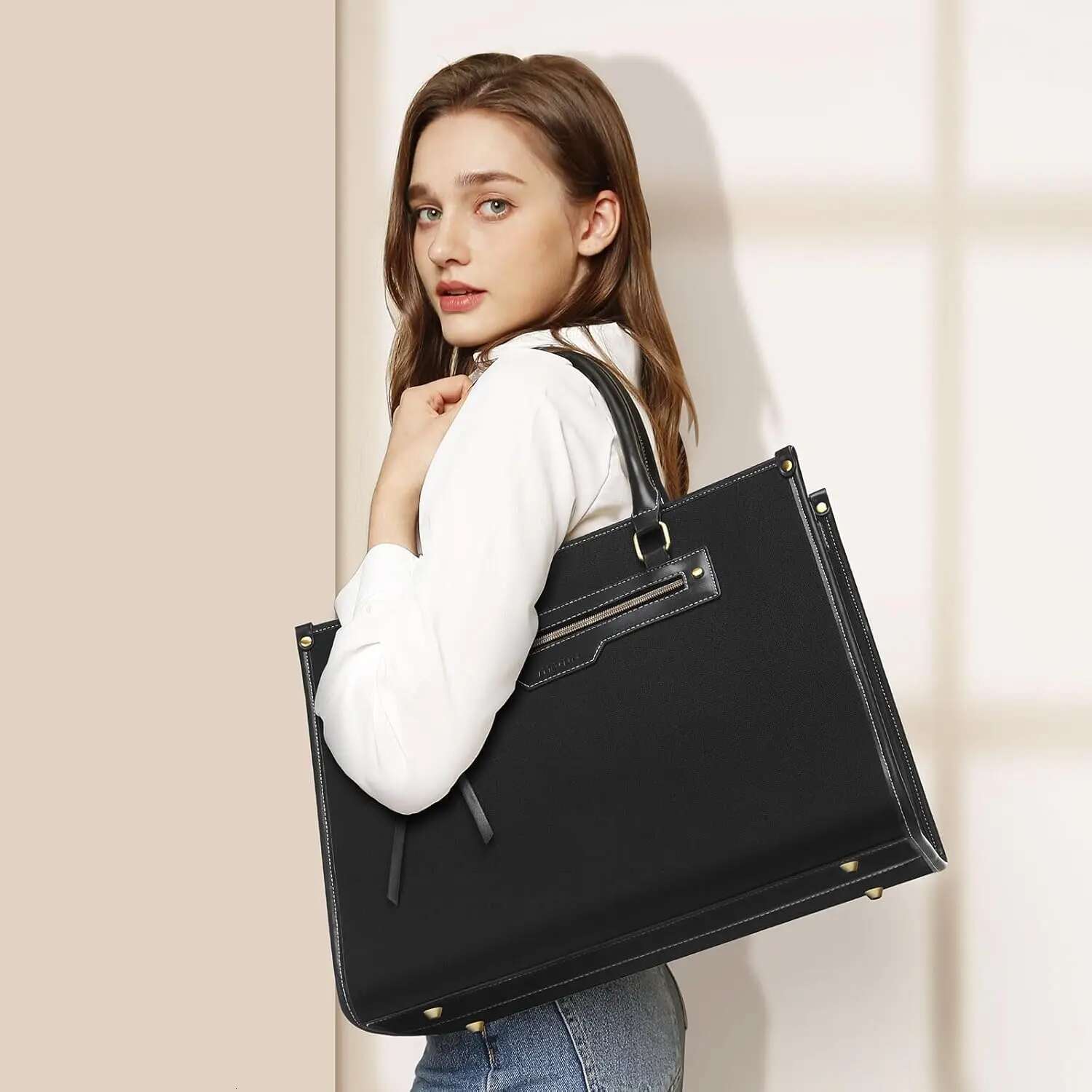 Woman Laptop 15.6 inch Canvas Tote Work Computer Messenger Shoulder Bag Casual Travel Office College Handbag Briefcase