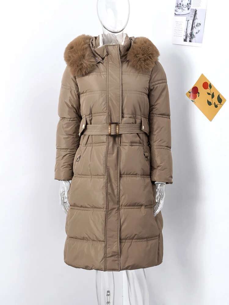 Elegant Cotton Padded Down Coats Women Hooded Furs Collar With Belt Thicken Female Parkas 2024 Winter Fashion Lady Snow Wears