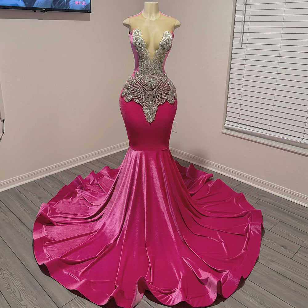 Hot Pink Prom Dresses Mermaid 2025 Velvet Black Girl Mermaid Party Gowns Long Sheer Neck Vestido De Gala Customized