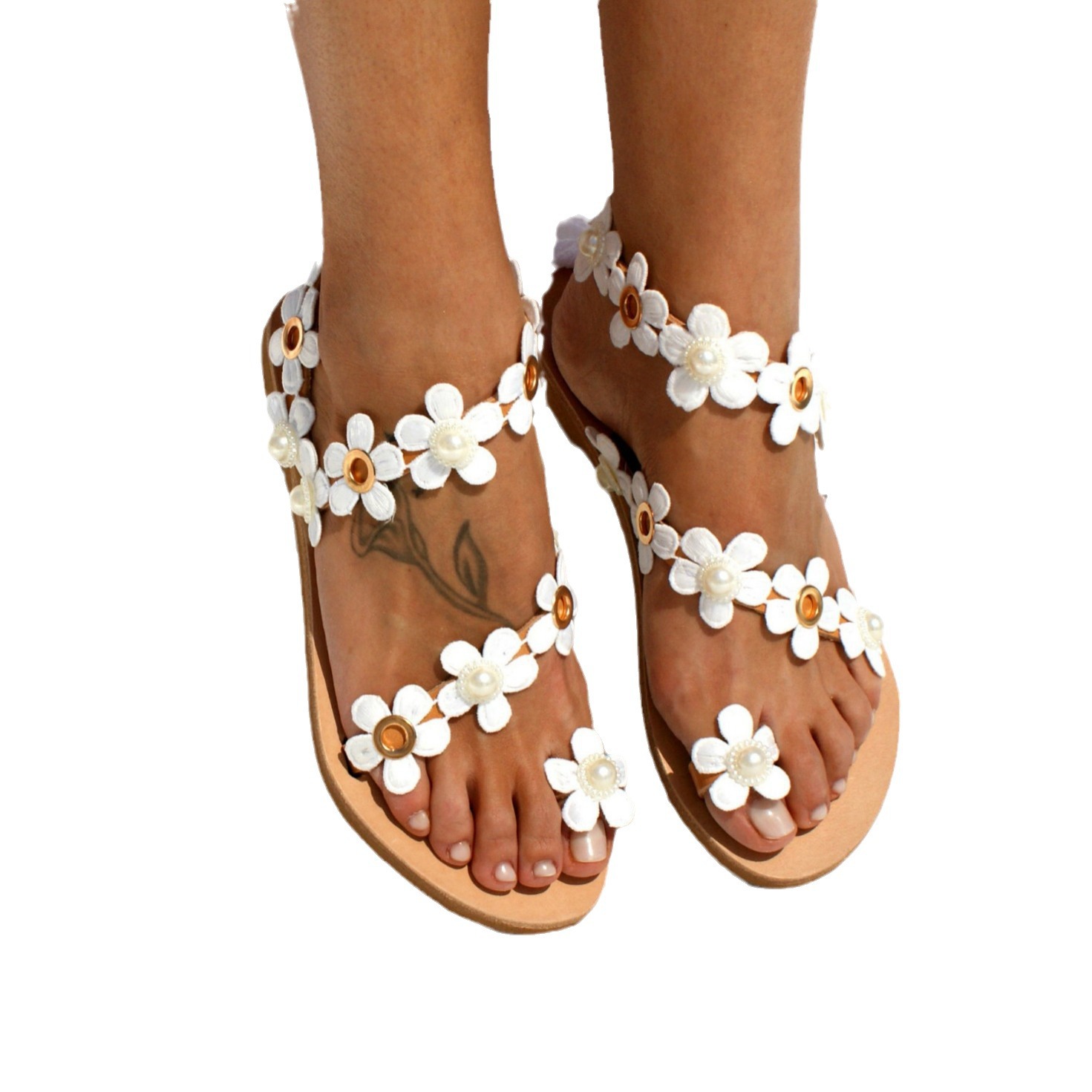 NEW hot Foreign trade summer new Rome flat wer set women's large size sandals 35-43 white