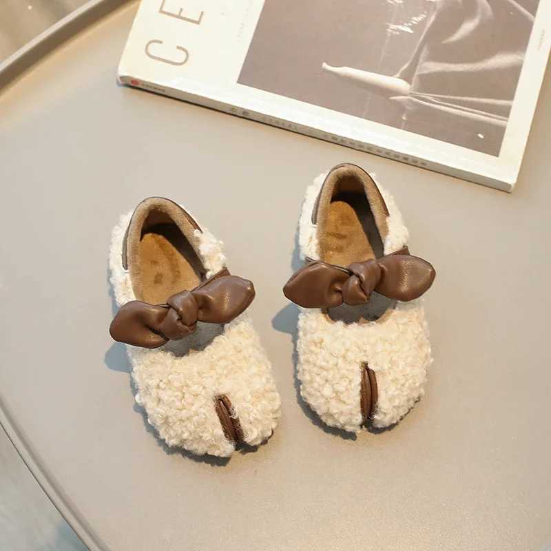 New Girls Cotton Shoes Winter Fluffy Children Plush Flat Shoes Warm Simple Kids Fashion Causal Shoes Sweet Bowtie Soft BottomXJ250118
