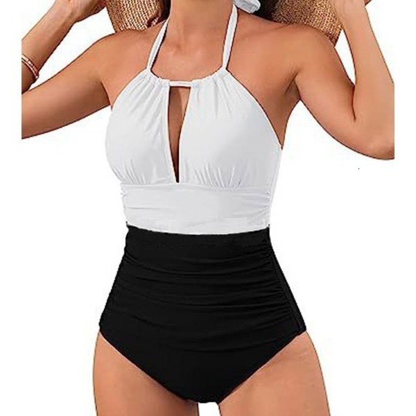 tracksuit New Sexy Contrast Colored Panel Hanging Neck One Piece Women's Bikini Swimsuit