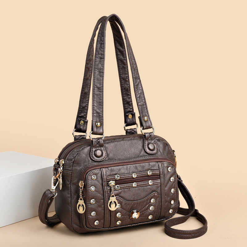 High Quality Soft Leather Multiple Pockets Women Handbags Small Female Shoulder Messenger Bags Designer Rivet Ladies Tote