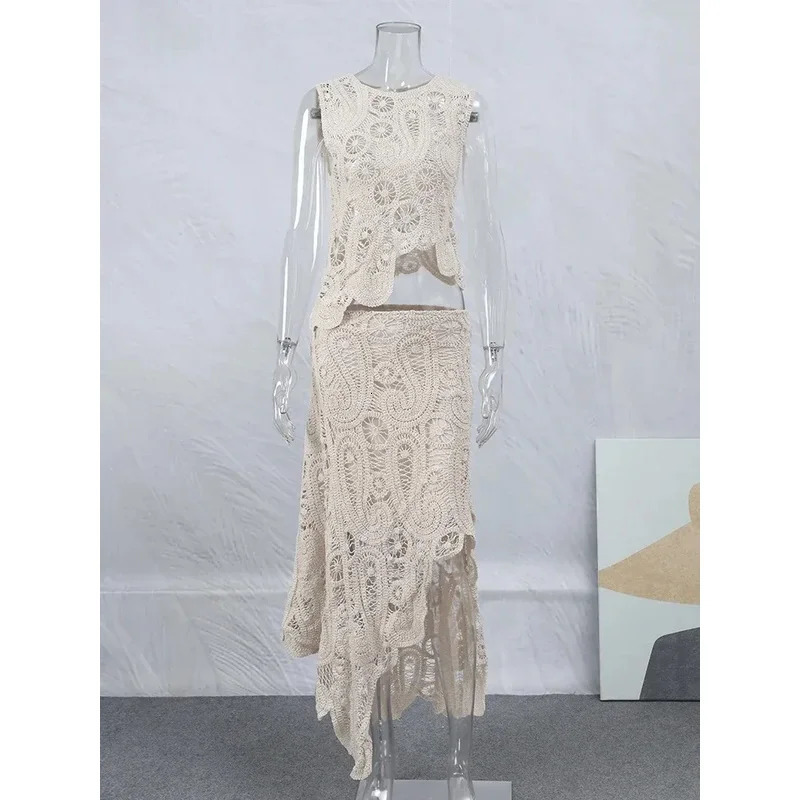 Beautiful fashionable crocheted asymmetrical womens dress chic O-neck sleeveless top short lining tight fitting womens fashion 250110