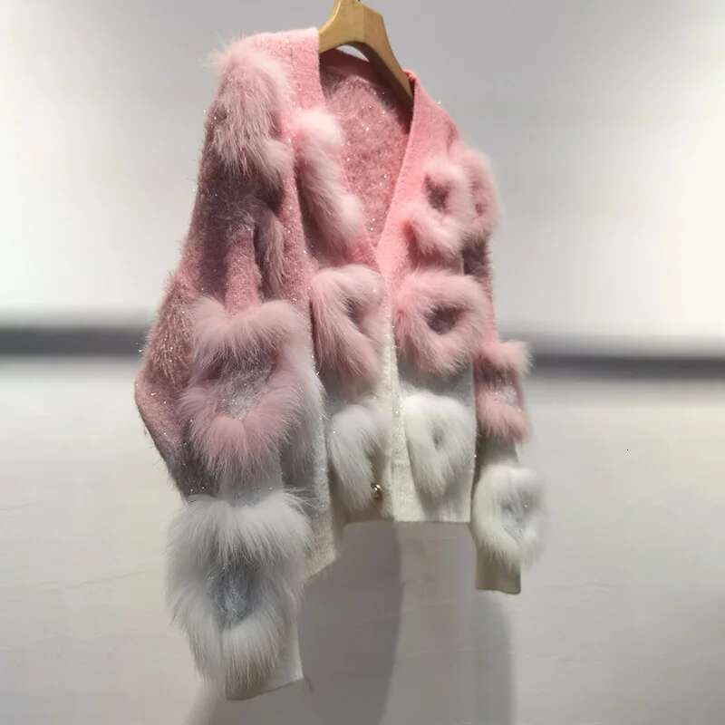 Women Lovely V-Neck Knitted Cardigan With Real Fox Fur Trim Loose Love Sewed Female Long Sleeve Warm Hit Color Sweater