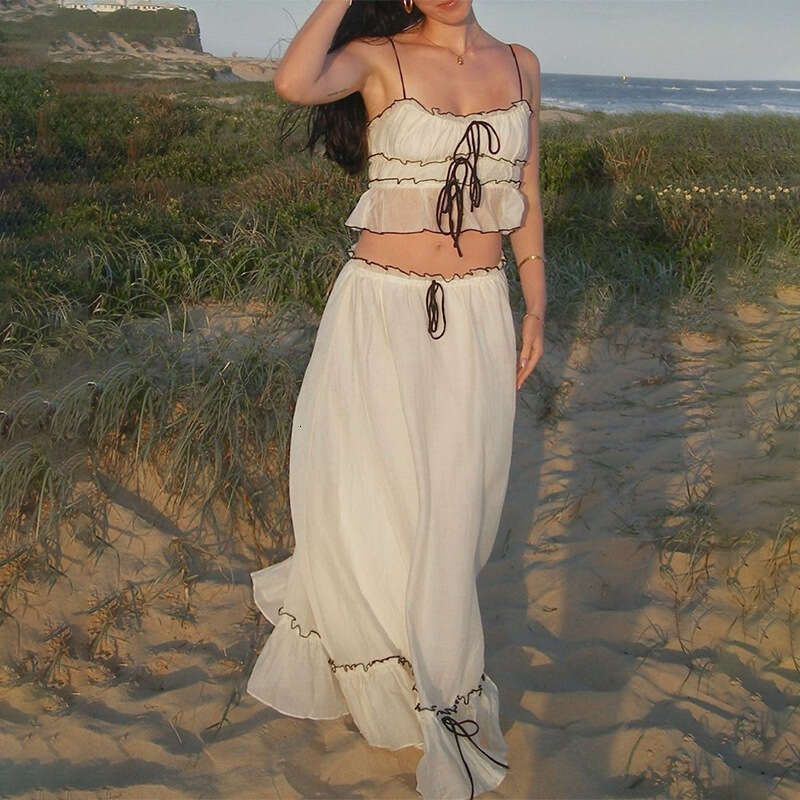 Summer Product Fashionable French Sexy Vacation Strap Top Slimming Temperament Long Skirt Set 2025 New Style Elegant Clothing