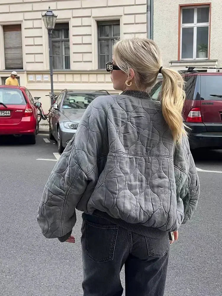 2024 Autumn Winter Grey Oversize Women Cotton Coat Thicken Warm Long Sleeve Zipper Loose Padded Jacket Female Parkas 250115