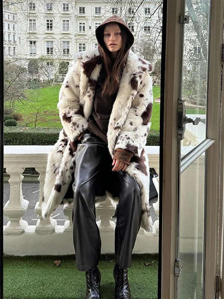 Vintage Thick Faux Fur Cow Pattern Coats Women Casual Loose Lapel Single-Breasted Long Coat Lady Winter Elegant Street Outwear