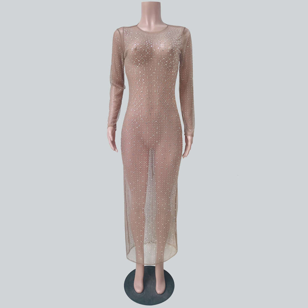 European and American Selg Fashionable Sexy Hot Dia Hoodie Mesh Long Sleeve Split Dress 2025 New Style Elegant Clothing