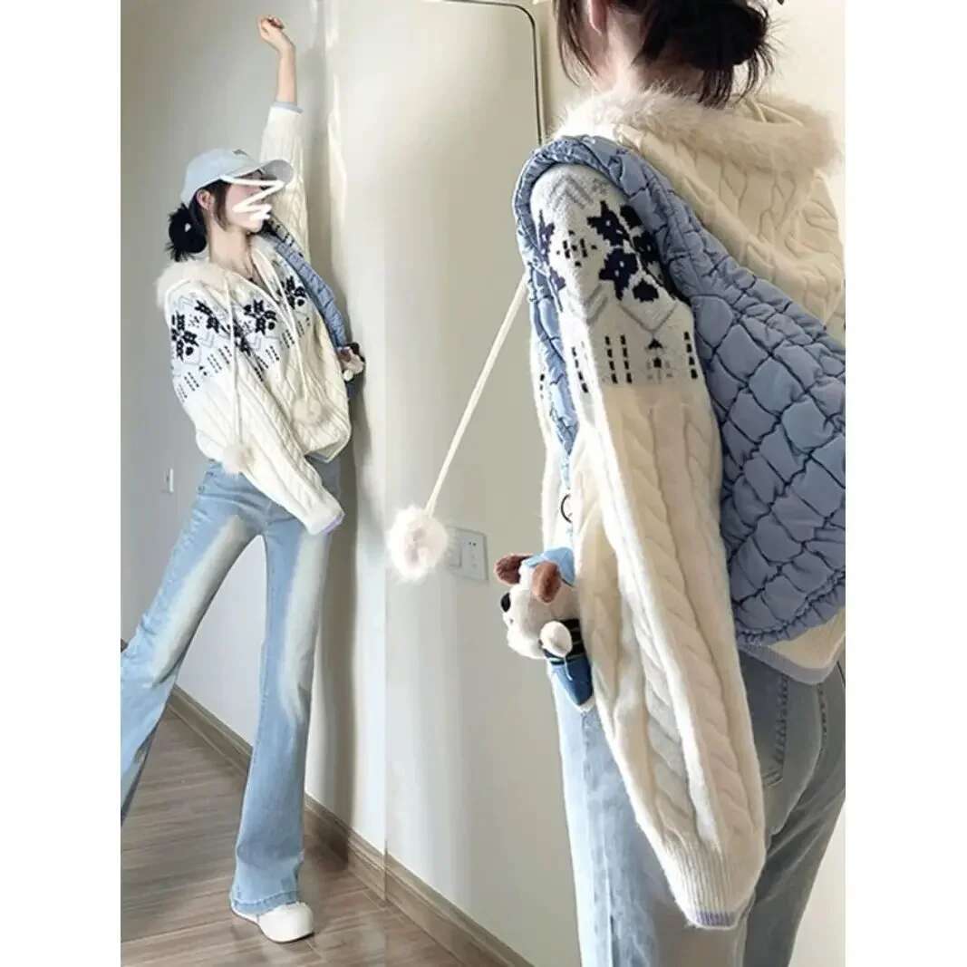Winter Retro Fashion Tide Jacquard Pattern Women Cardigan Sweater Korean Casual Loose New Knitted Hooded Zipper Thick Coat