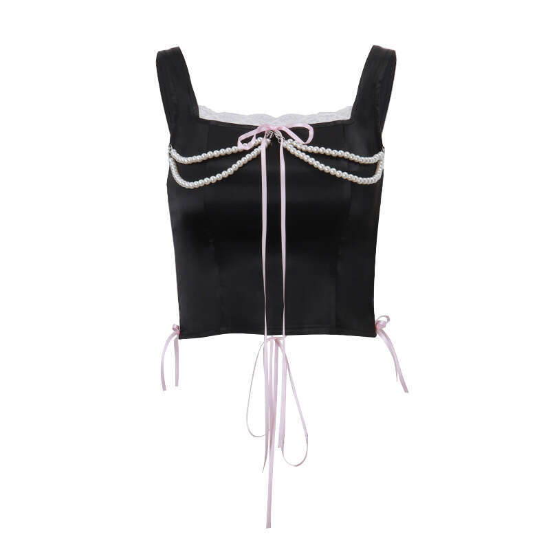 European American women's spring French pearl chain bow with lace suspender pure desire vest 2025 new style chic and elegant clothing