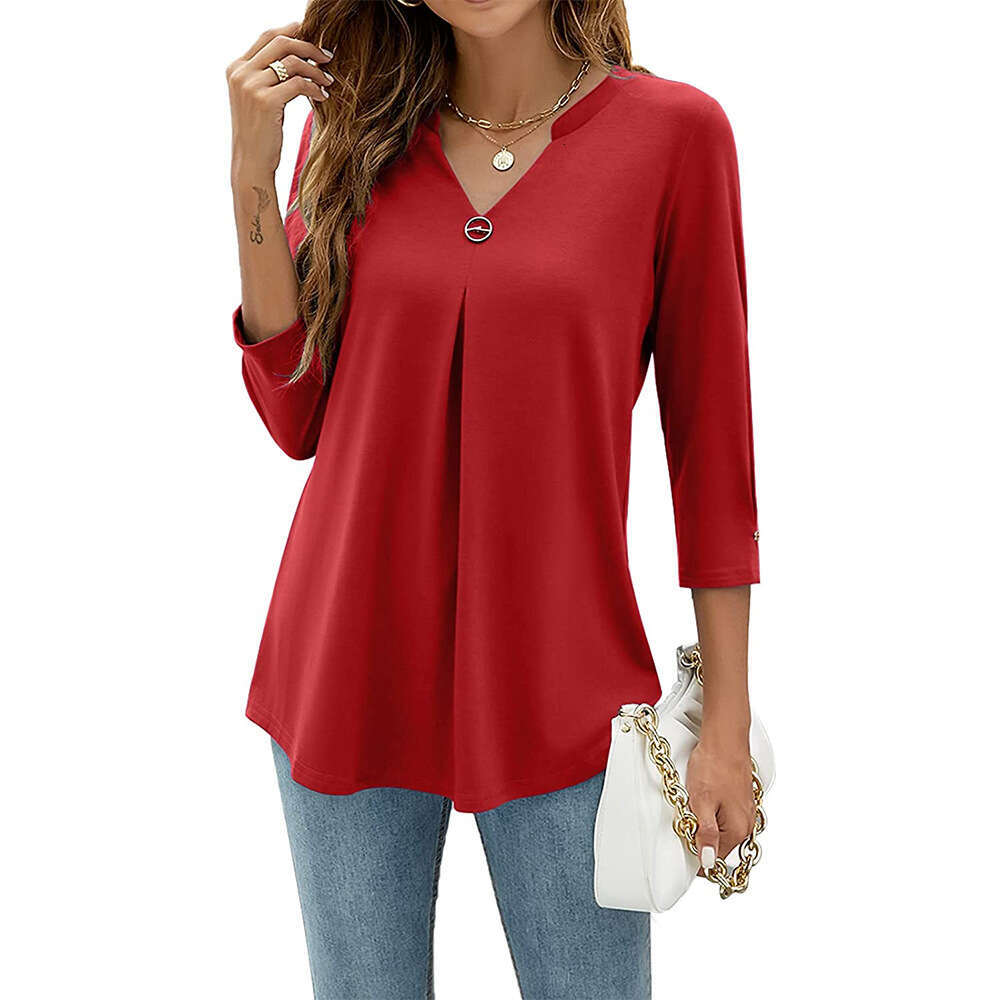 2025 autumn winter popular 3/4 sleeve V-neck nail buckle pleated T-shirt top, women's new style, chic and elegant clothing