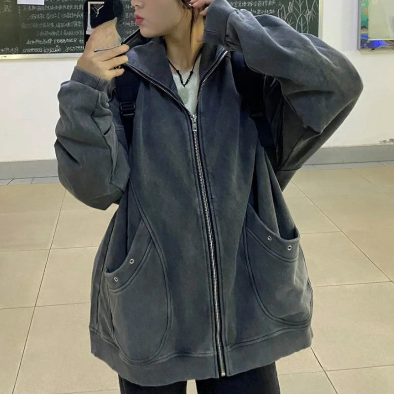High Street Y2k Jackets Hooded Pockets Zipper Solid Color Long Sleeve Coats Harajuku Vintage Autumn Casual Loose Women Clothing 250113
