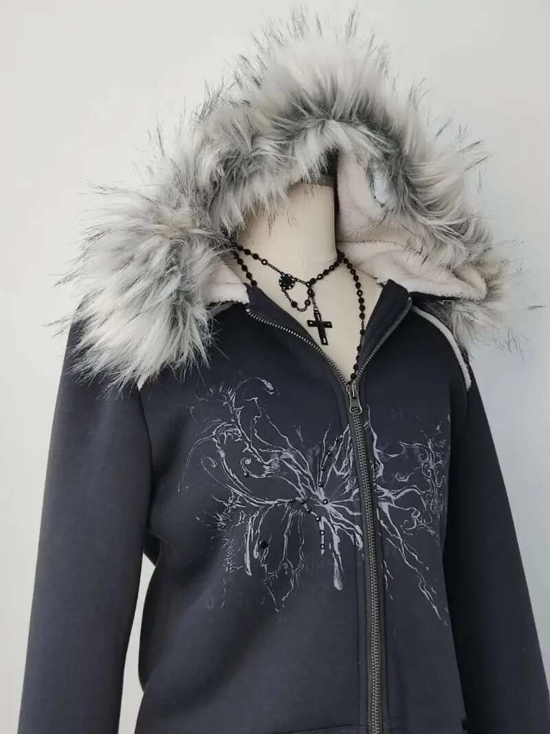 Y2k Gothic Dia Printed Fur Collar Zip Women Retro Millennium Hot Girl Slim Warm Haruku Korean Street Casual Hoodie