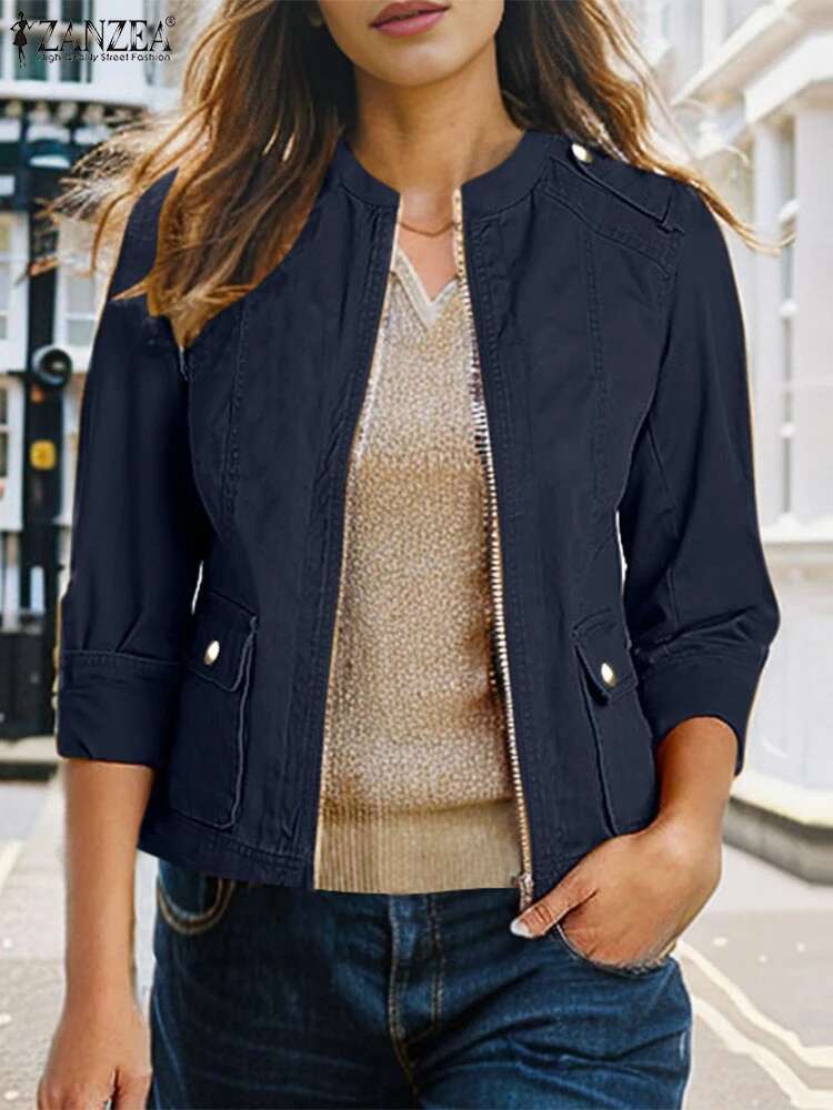 ZANZEA Stand Collar Workwear Outerwear Women Casual 2025 Spring Long Sleeve Short Trendy Solid Color Zip-Up Jackets