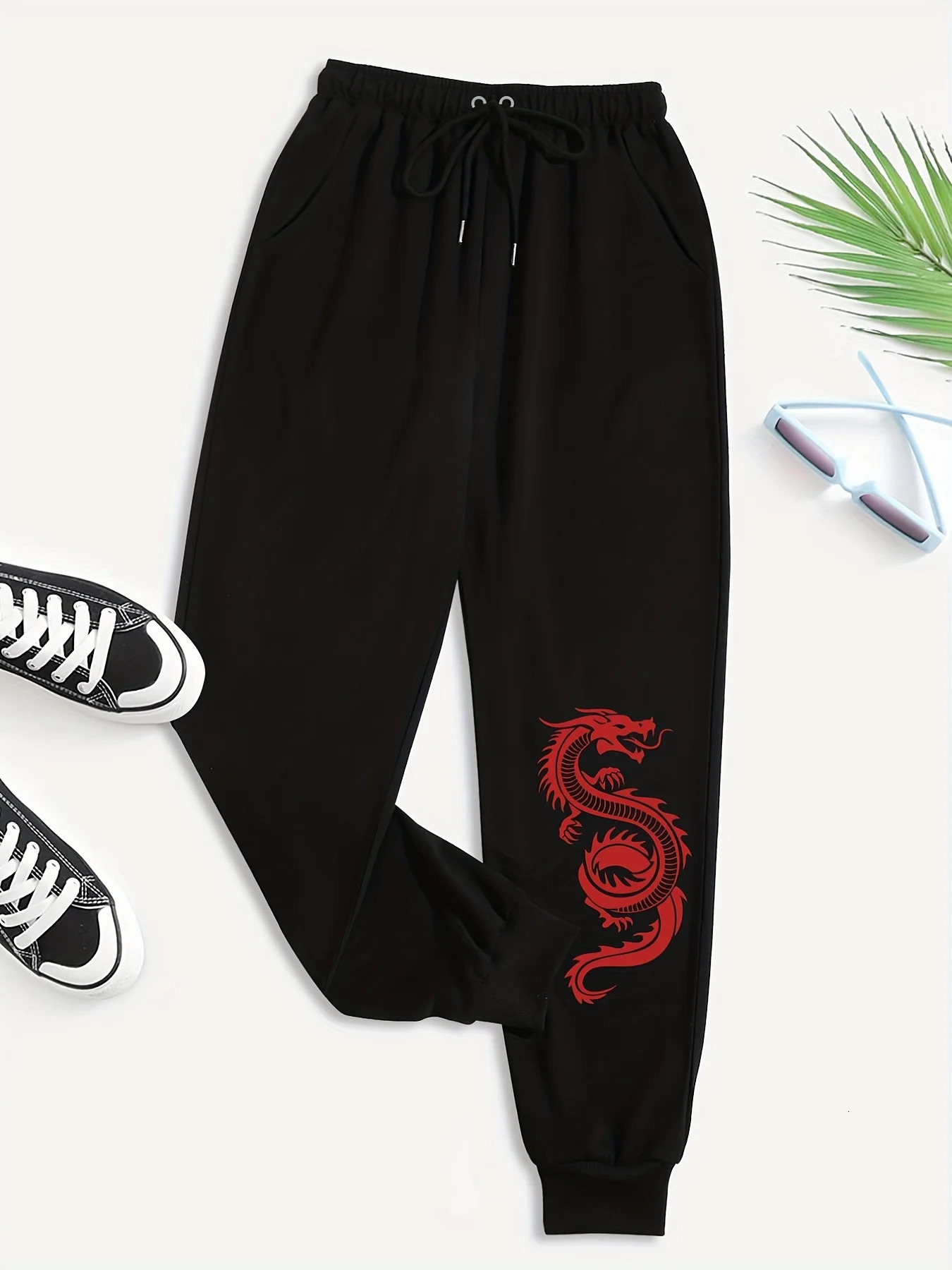 Dragon Print Slant Pocket Elastic Waist Pants Jogger Drawstring Loose Womens Long Pant Fashion Casual Female Sports Sweatpants 250113