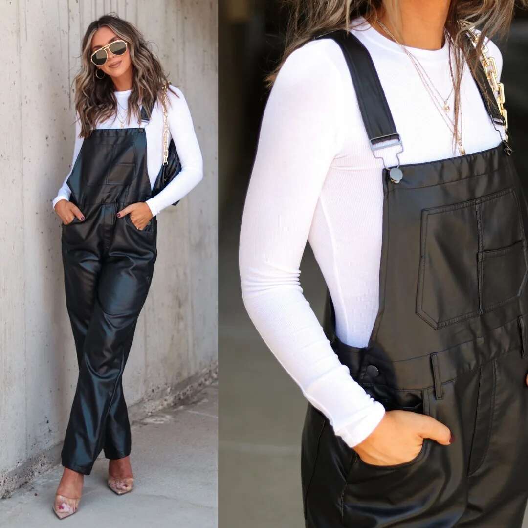 Women PU Leather Bib Overalls Solid Color Loose Casual Sleeveless Cargo Straight Leg 1 Piece Jumpsuit Romper With Pockets