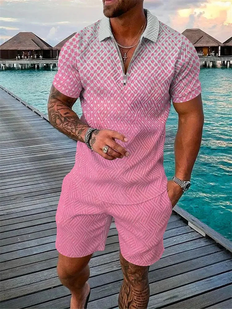 2024 Fall Mens Zipper Lapel Short Sleeve Shirt Shorts Two-piece Fashion Street Polo Shirt Casual Shorts Hawaii Beach Set 250113