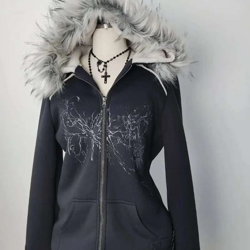 Y2k Gothic Dia Printed Fur Collar Zip Women Retro Millennium Hot Girl Slim Warm Haruku Korean Street Casual Hoodie