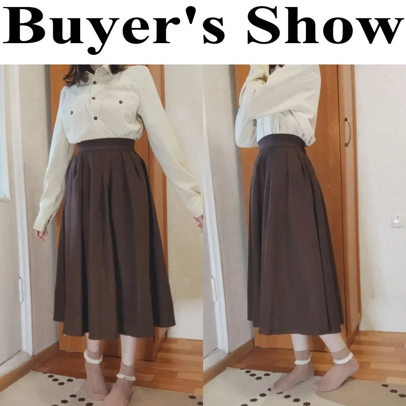 Xpqbb Korean Style Womens Midi Skirt Autumn HighWaisted Corduroy Long Women College Pleated ALine Skirts 250108
