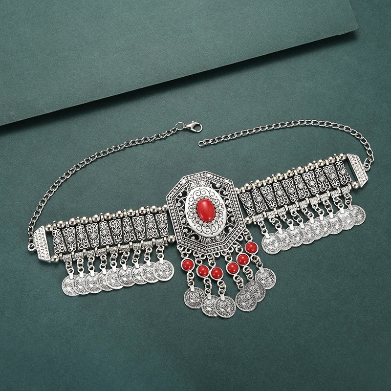 Ethnic Declaration Womens necklace Bohemian retro hollow geometric crystal rhinestone beads coin tassel jewelry 250109
