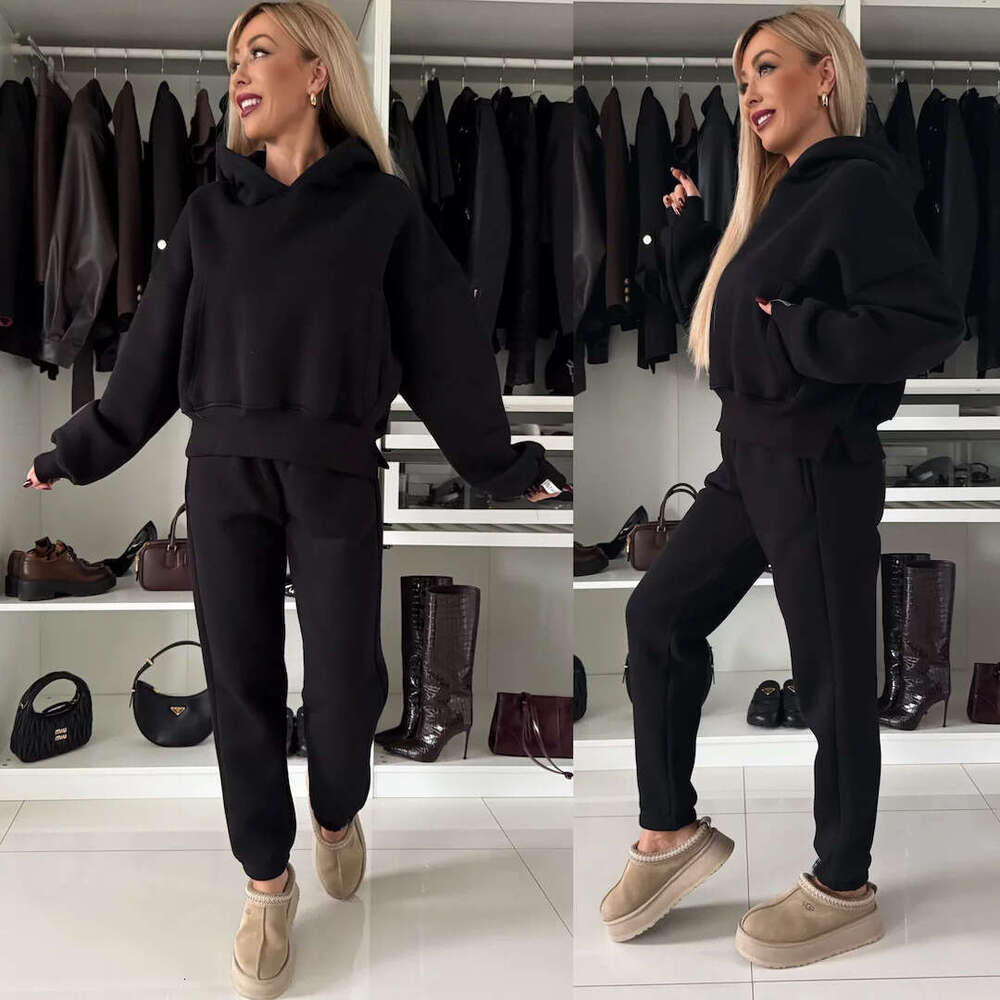 2025 European and American Fashion Women's Long sleeved Hoodie Leg tied Pants Two piece Set Temperament Versatile New Trendy Clothing Ins