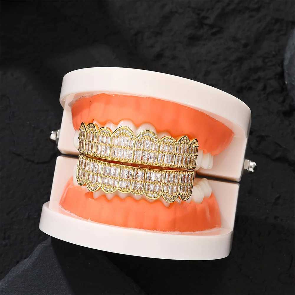 Hip Hop Baguette CZ Stones Teeth Grillz For Men Women Gold Plated Fashion Rapper Jewelry Punk Dentist Decor Teeth Jewelry XJ250114