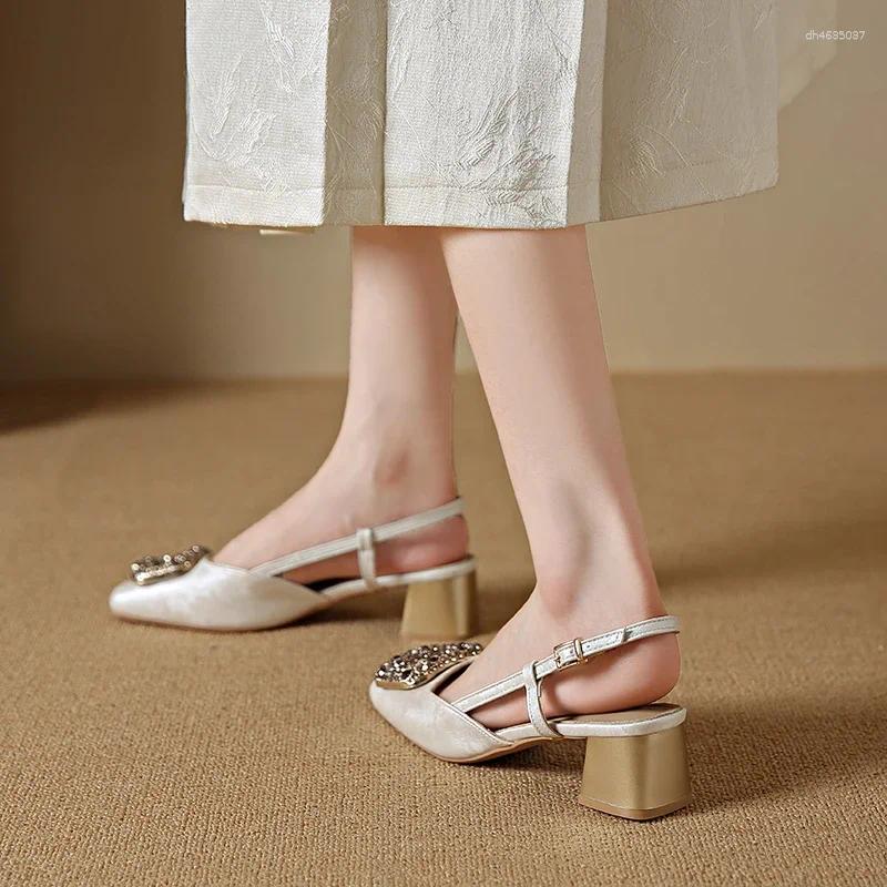 Sandals Lady Sexy Dress Shoes 4cm Mary Jane Snow Crystal Square Toe Pumps In Yellow Beige Black Strange Heeled Back Buckle Strap