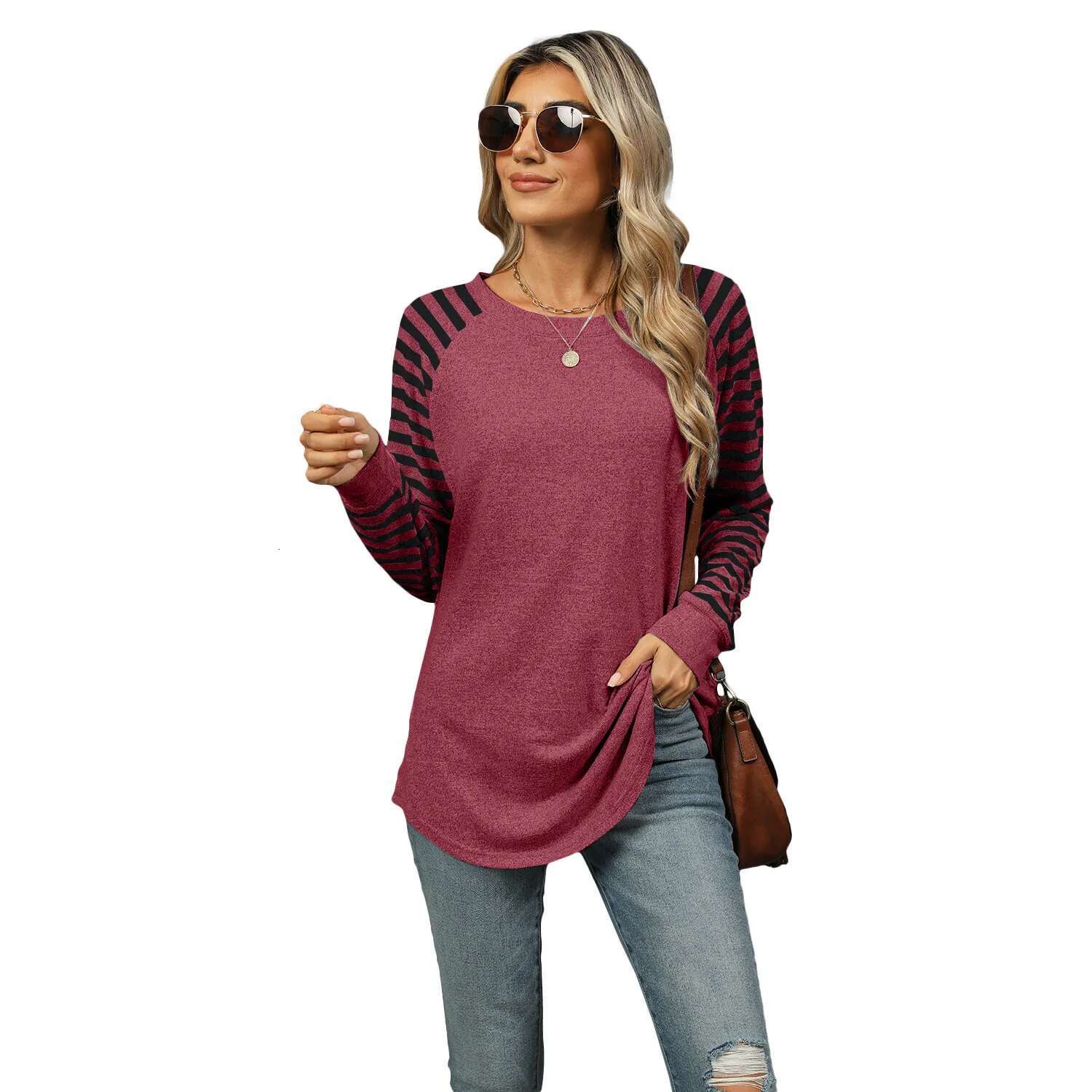 New Color Blocking Striped Designer T-shirt Round Neck Long Sleeved Women's T-shirt Top