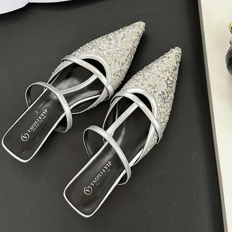 Summer Pointed Toe Mules Women Low Heel Shiny Dress Shoe Female Shallow Comfy Fashion Sgback Sandals Atos De Mujer