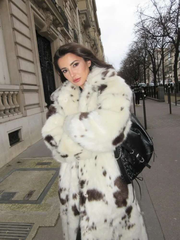 Ed Faux Fur Effect Long Coat Leopard Printed Toka Suit Collar Women's Fluffy Overcoat Fashion Elegant Plush Outwear Winter