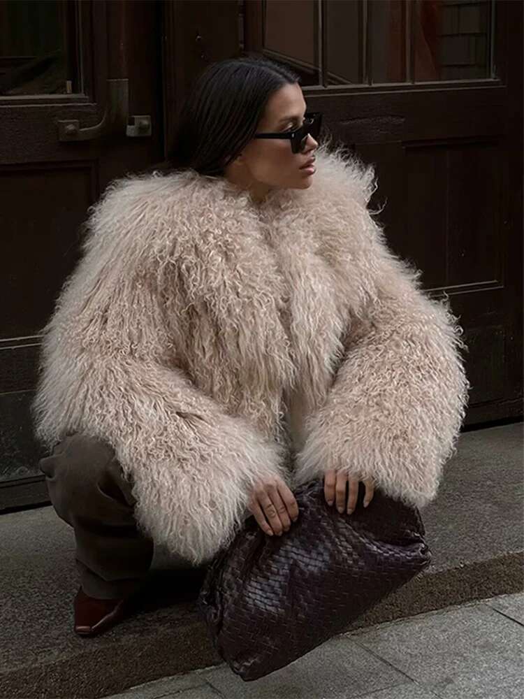 Faux Fur Effect Short Coat Jacket Khaki French Socialite Loose Furry Overcoat Elegant Slimming Outwear Women's Clothing Winter
