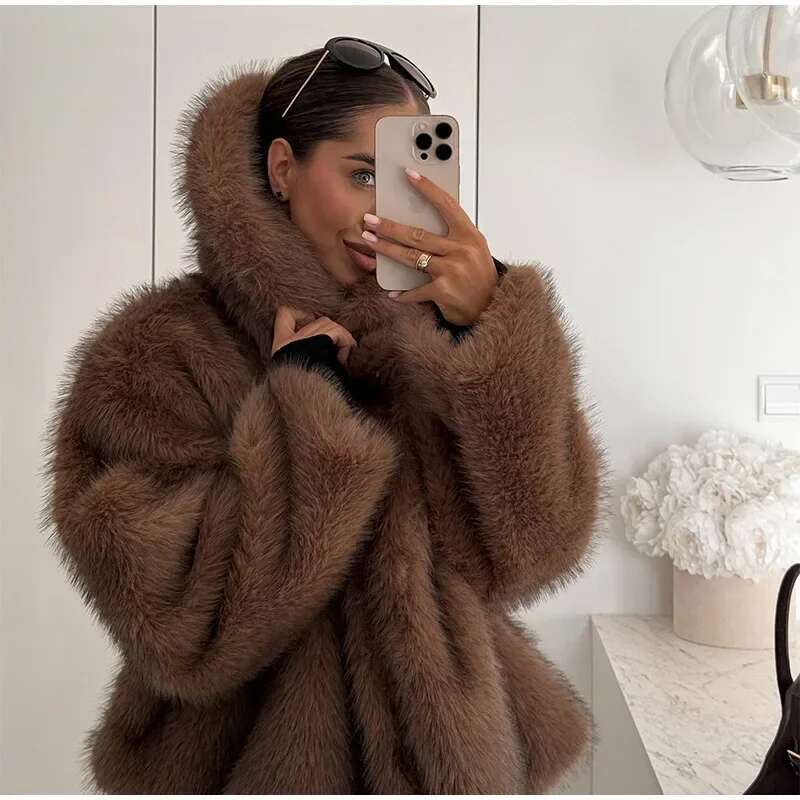Retro Plush Bury Bomber Jacket Solid Crop Long Sleeve Outerwears Brown Oversized Lapel Faux Fur Women Woman Casual Coat