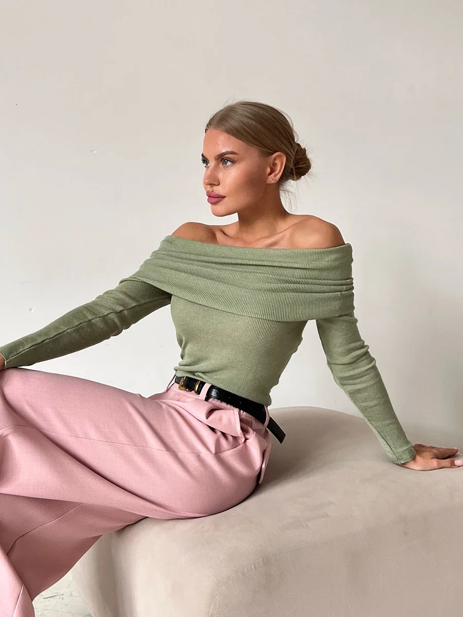 Bornladies Women Knitted Wool T-shirt Slim Fit Long Sleeve Autumn Winter Chic Off Shoulder Basic Sweater Streetwear Pullovers 250107