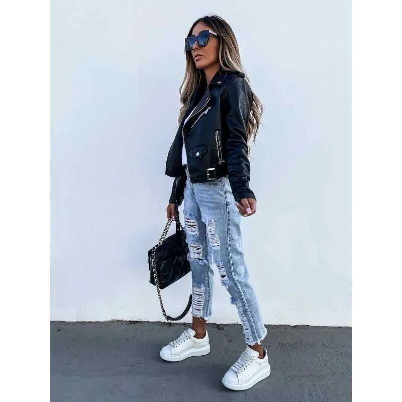 Mandylandy Locomotive Jackets Women Long Sleeve Zipper Fashion Jacket PU Leather Coat Motorcycle Short Coats Outwear