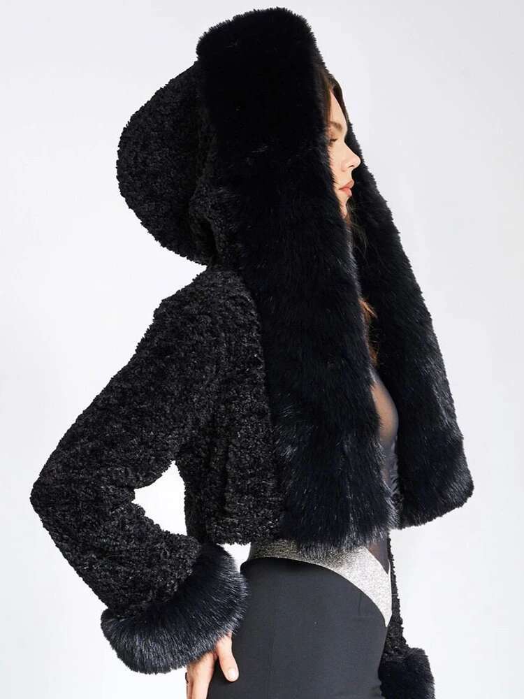 DEAT Fashion Black Faux Fur Coat Women's Hooded Loose Long Sleeve White Thick Warm Short Plush Jacket Winter 2024 New 7Ab6510