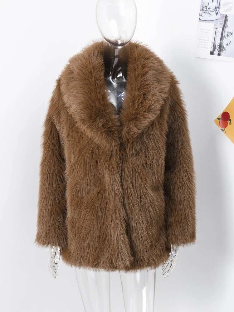 Brown Faux Fur Coats Women Fashion Full Sleeve Lapel Long Warm Jacket 2024 Winter Fluffy Thick High Street Outerwear New