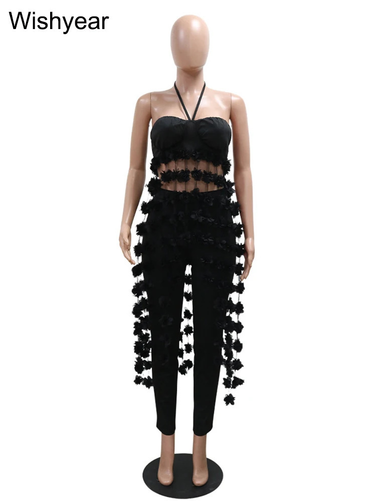 In Pencil Pants and Flower Tassel Halter Crop Top Two Pieces Women Birthday Outfits White Sexy Party Nightclub Matching Sets 250113